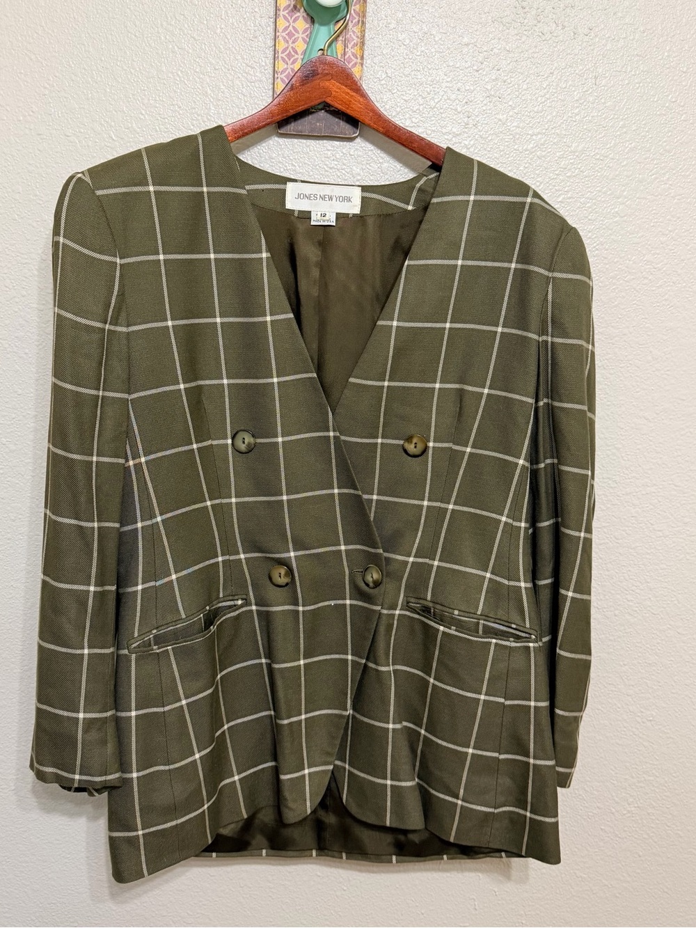 Jones New York Olive Windowpane Double-Breasted Blazer